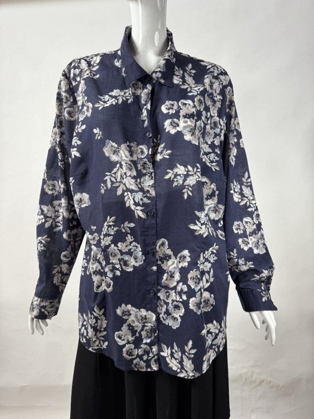Coldwater Creek Womens No-Iron Floral Button-Up Shirt Navy & White Size 2X